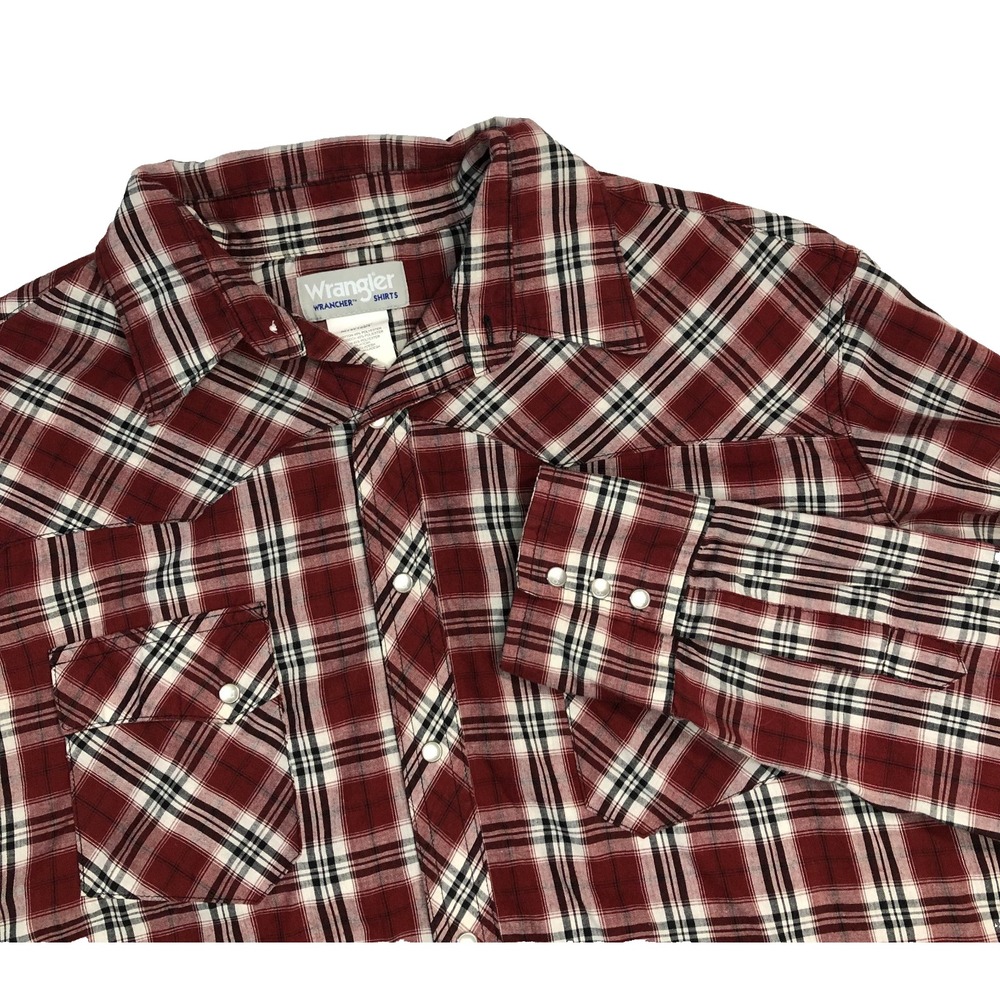 Wrangler Wrancher Shirt Men XLT Red Plaid Long Sleeve Pearl Snap‎ Western Cowboy
